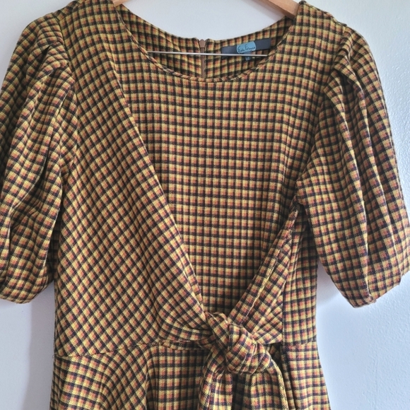 Eva Franco, Faux Wrap Waist Midi Length Dress, Mustard/Orange/Navy, Size 8 - Picture 7 of 9